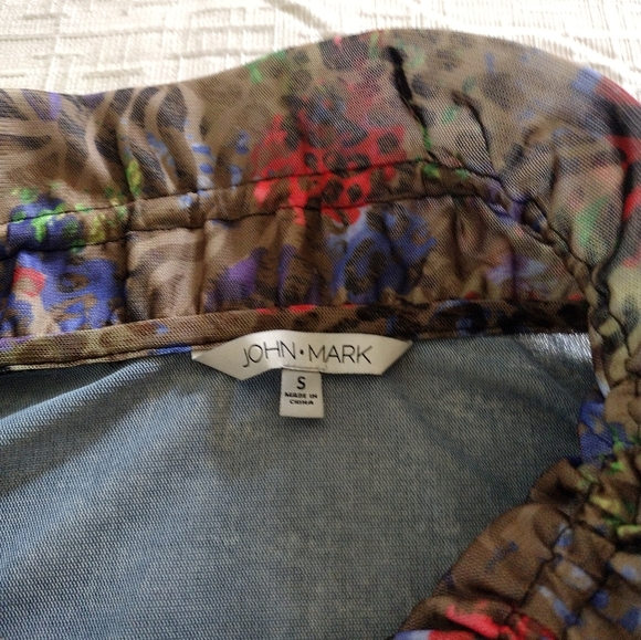 John Mark Top Womens Sz S Sheer Mesh Faux Denim Jacket Full Zip Trompe L’oeil - Picture 5 of 10